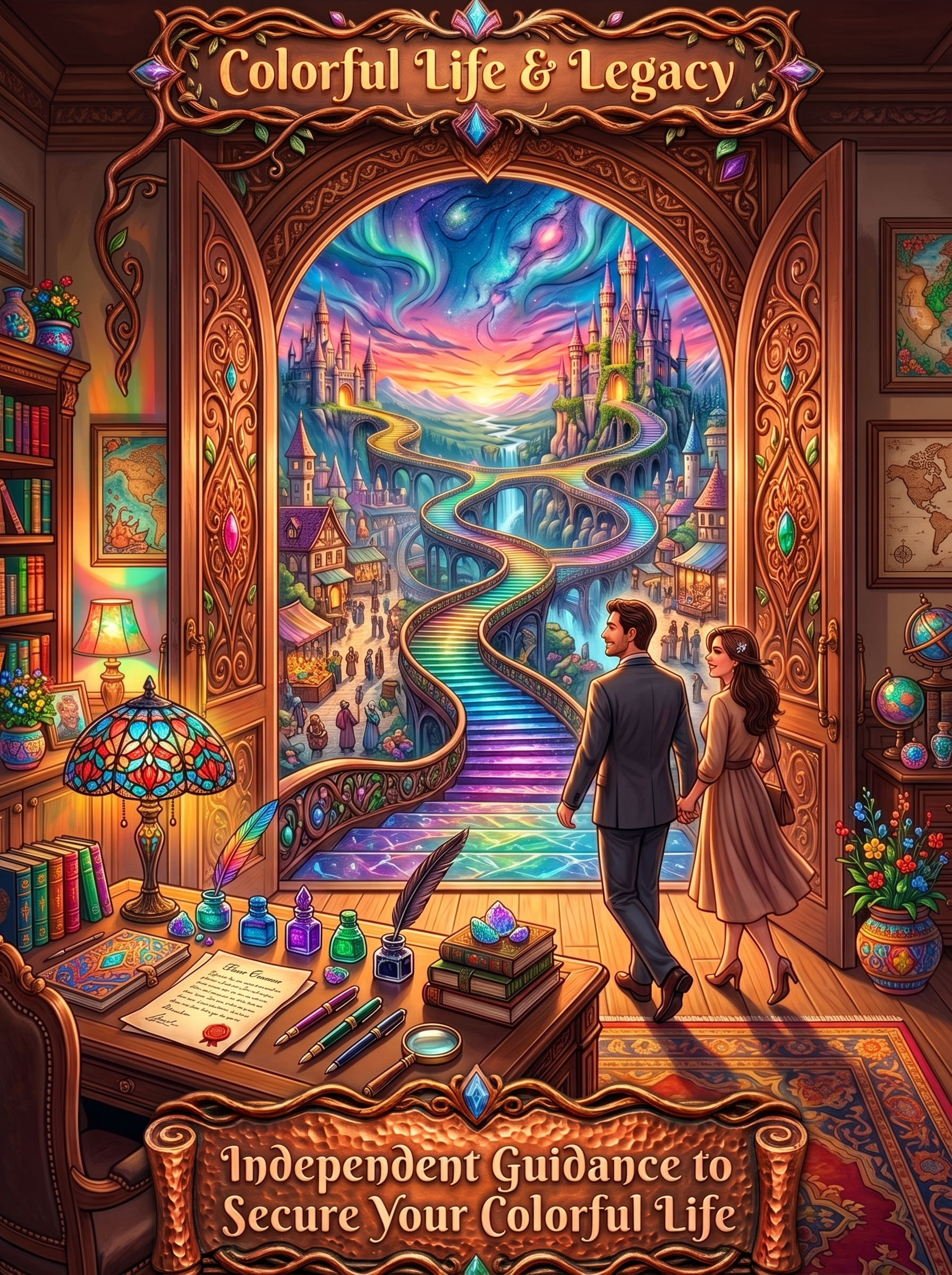 An ornate vertical fantasy illustration for Colorful Life & Legacy. A sweeping, multicolored crystal-and-clockwork staircase spirals upward from a dark lower platform through a gnarled tree adorned with glowing crystals, emerging into an open gateway leading to a majestic steampunk airship docked at the top. In the background, a picturesque European-style alpine village features towers, stone buildings, and a mountain range under a twilight sky. Elegant filigree and mechanical clock gears frame the top and sides. At the top, bold text reads "Colorful Life & Legacy". At the bottom, text reads "Your fantasy of a secure future, realized".